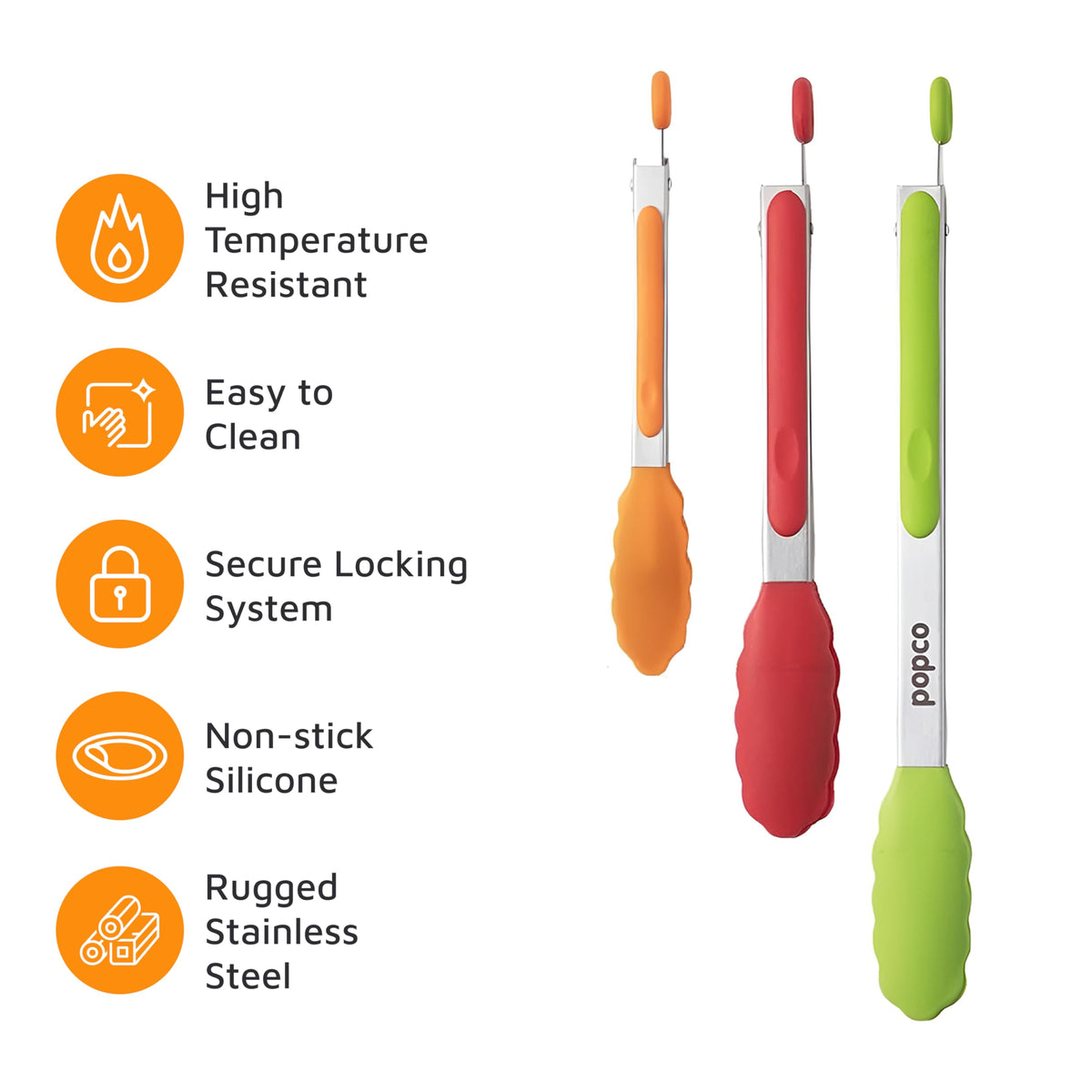 Popco tongs heat-resistant up to 480°F for high-heat cooking.