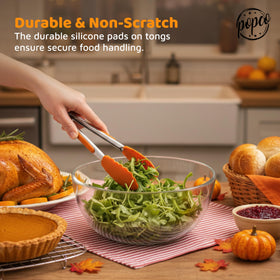 Popco tongs silicone tips protect nonstick cookware while gripping.
