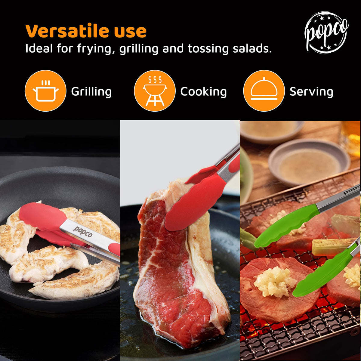 Popco stainless steel construction with silicone tips for durability.