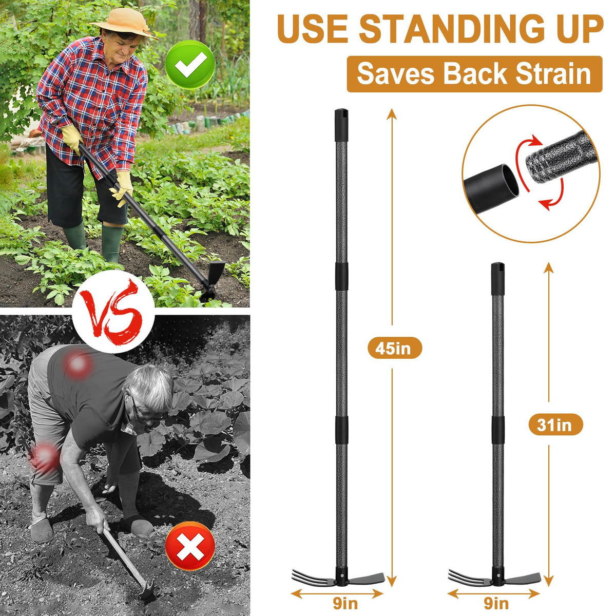PoPoHoser carbon steel hoe end stands up to tough soil.