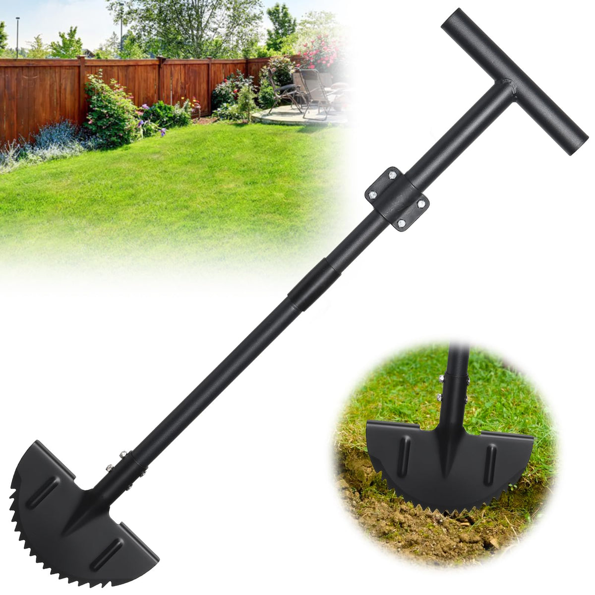 PoPoHoser Edger with sharp saw-tooth blade creates clean lawn borders along sidewalks.