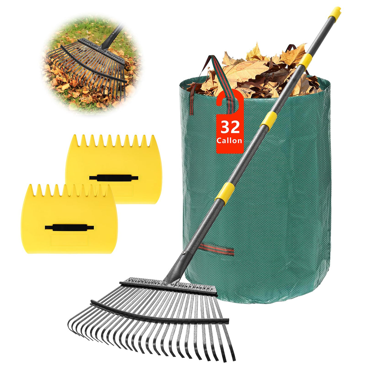 PoPoHoser rake 25-tine head ready for quick lawn leaf collection