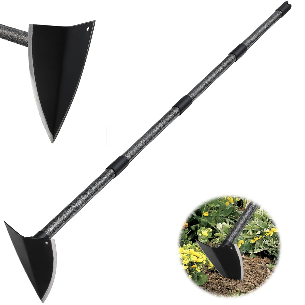 PoPoHoser triangle hoe blade for deep soil and root penetration.