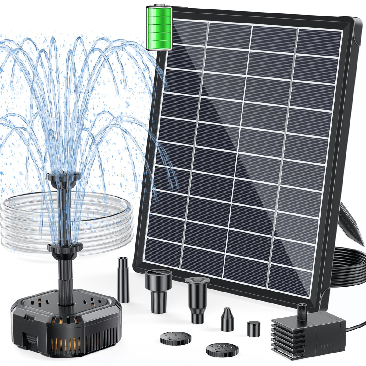 POPOSOAP 6.5W solar panel powering a quiet garden fountain all day.