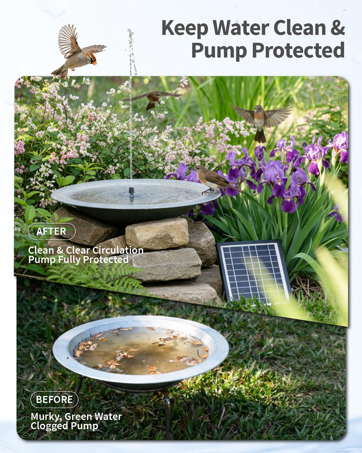 POPOSOAP solar water pump with built-in battery backup keeps the fountain running on cloudy days.