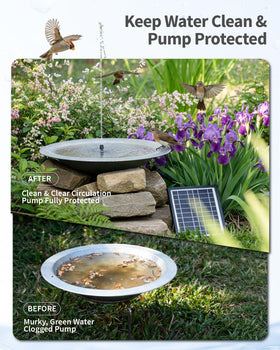 POPOSOAP solar water pump with built-in battery backup keeps the fountain running on cloudy days.