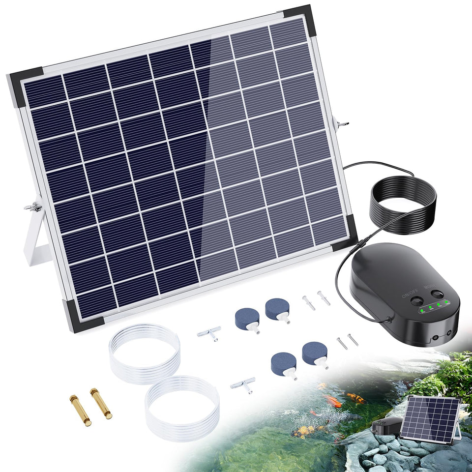 POPOSOAP 15W solar pond aerator front view delivering balanced oxygen in ponds.
