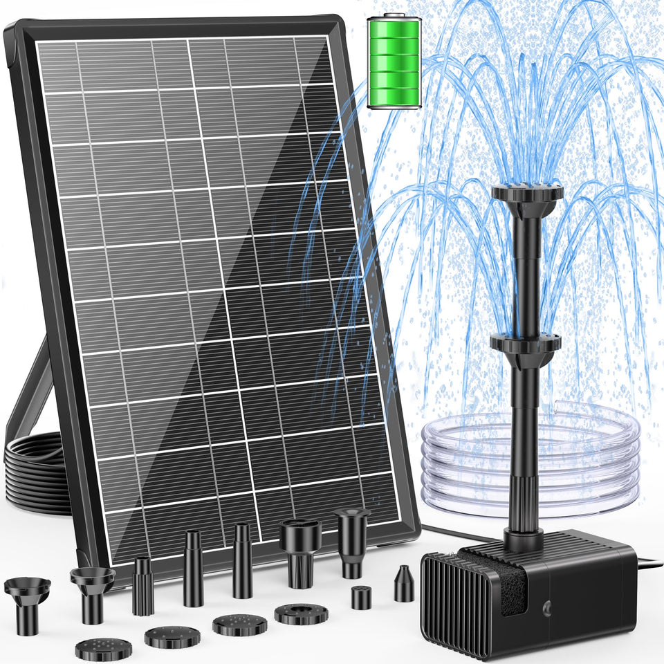POPOSOAP 8W solar panel powering a bird bath fountain in a sunny garden
