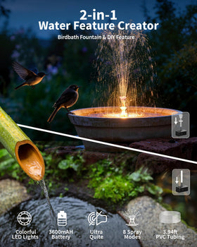POPOSOAP 8W solar pump battery backup powering continuous fountain on cloudy days
