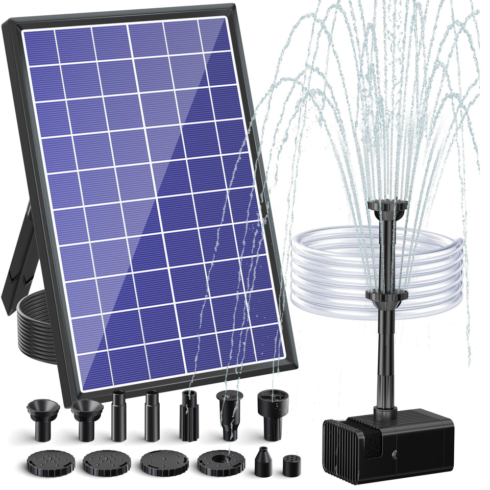 POPOSOAP 8W solar pump with battery backup powers bird bath fountain.