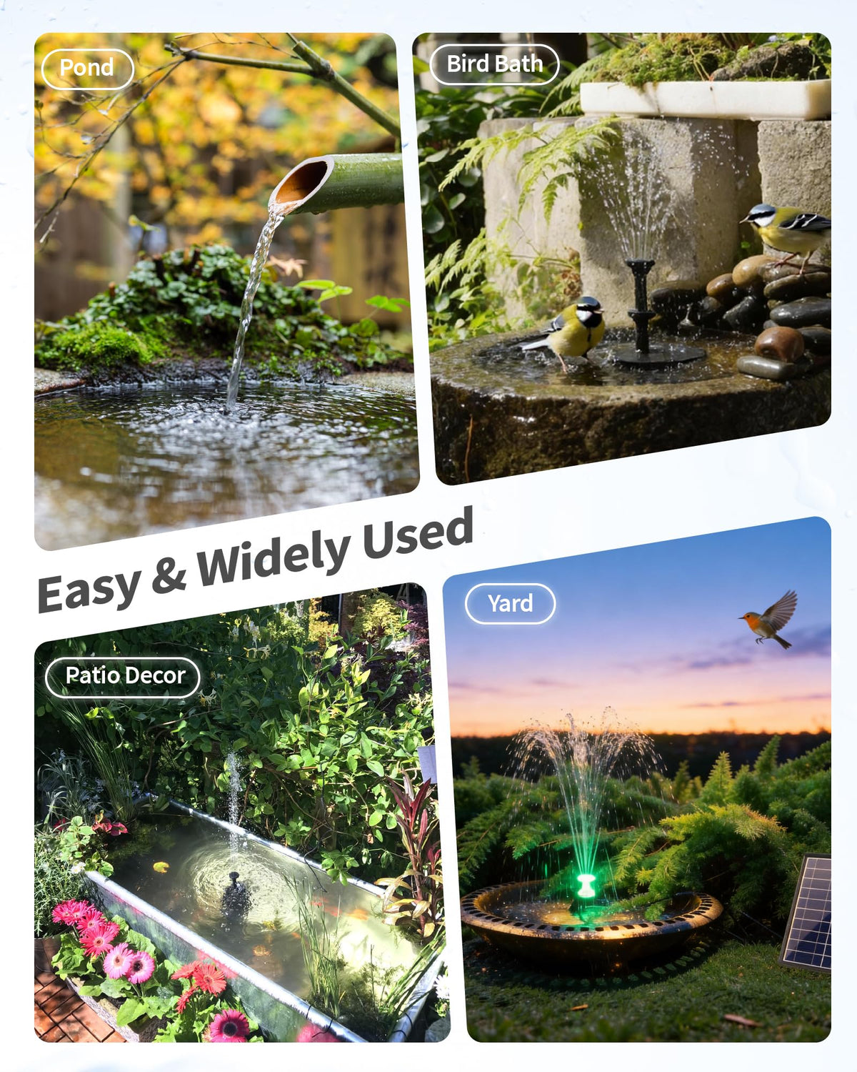 POPOSOAP 8W solar pump bird bath scene attracts birds and butterflies