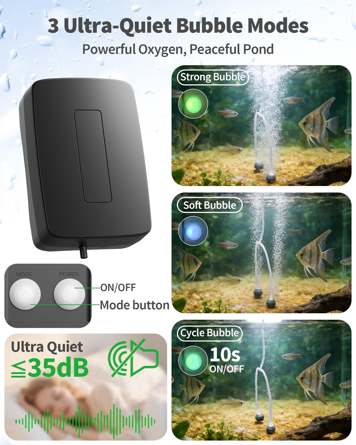 POPOSOAP aeration bubbles delivering stable oxygenation for ponds and tanks.
