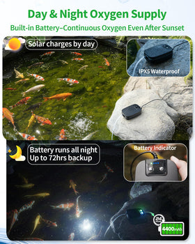 POPOSOAP dual power setup shows solar panel and built in battery powering continuous aeration
