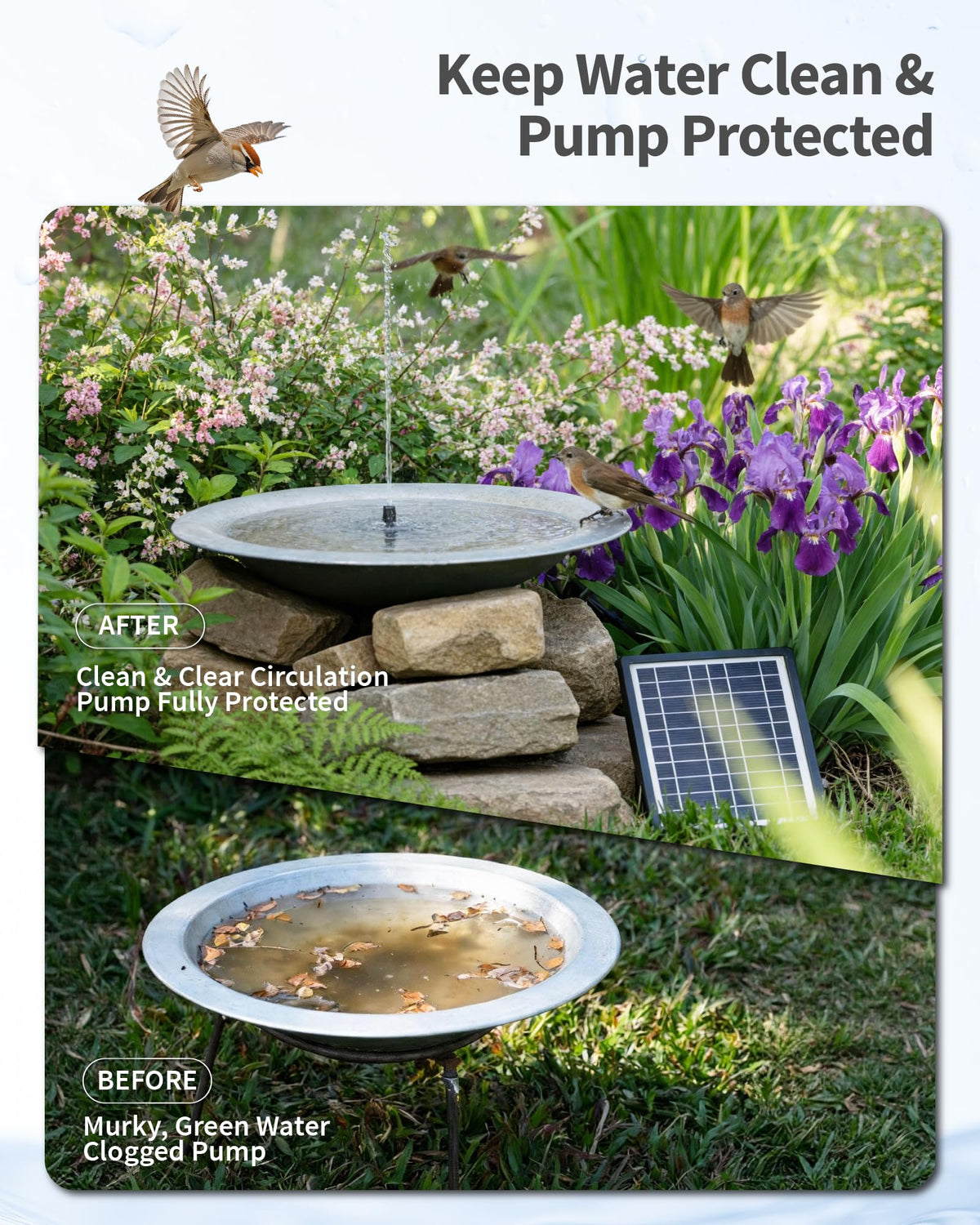 POPOSOAP fountain pump assembly shows plug-and-play setup for quick garden decor