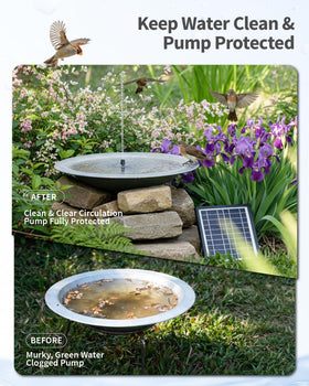 POPOSOAP fountain pump assembly shows plug-and-play setup for quick garden decor