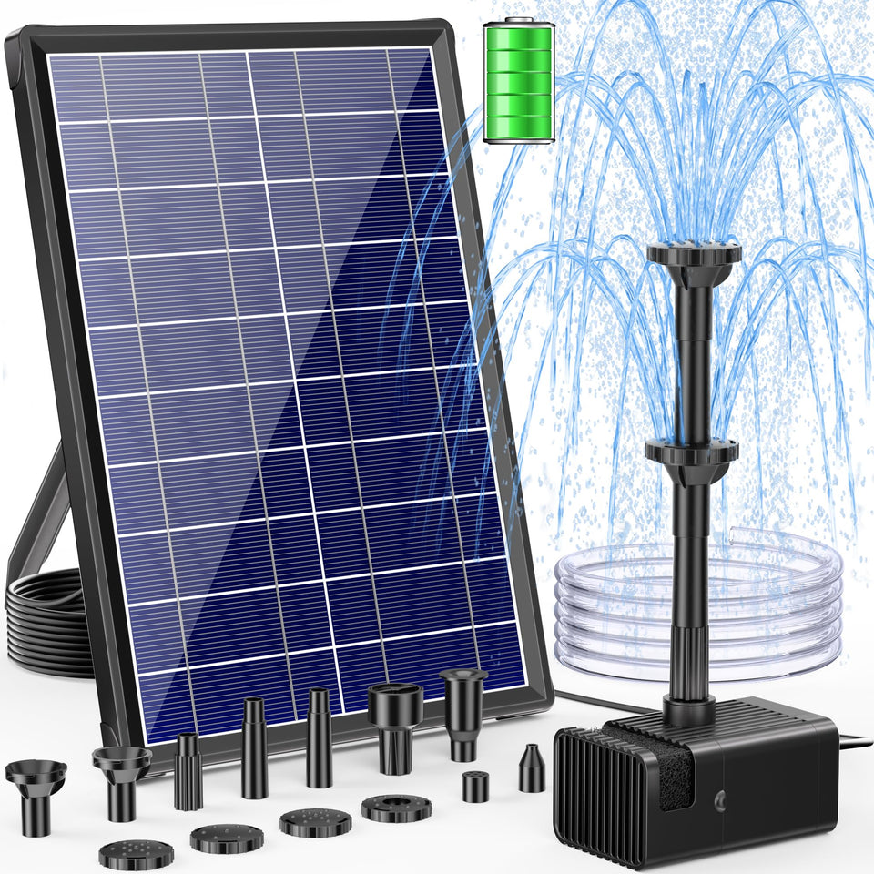 POPOSOAP solar fountain pump ready for garden bird bath setup.