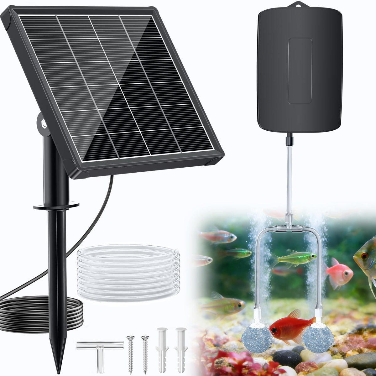 POPOSOAP solar pond aerator with battery backup for continuous oxygenation.