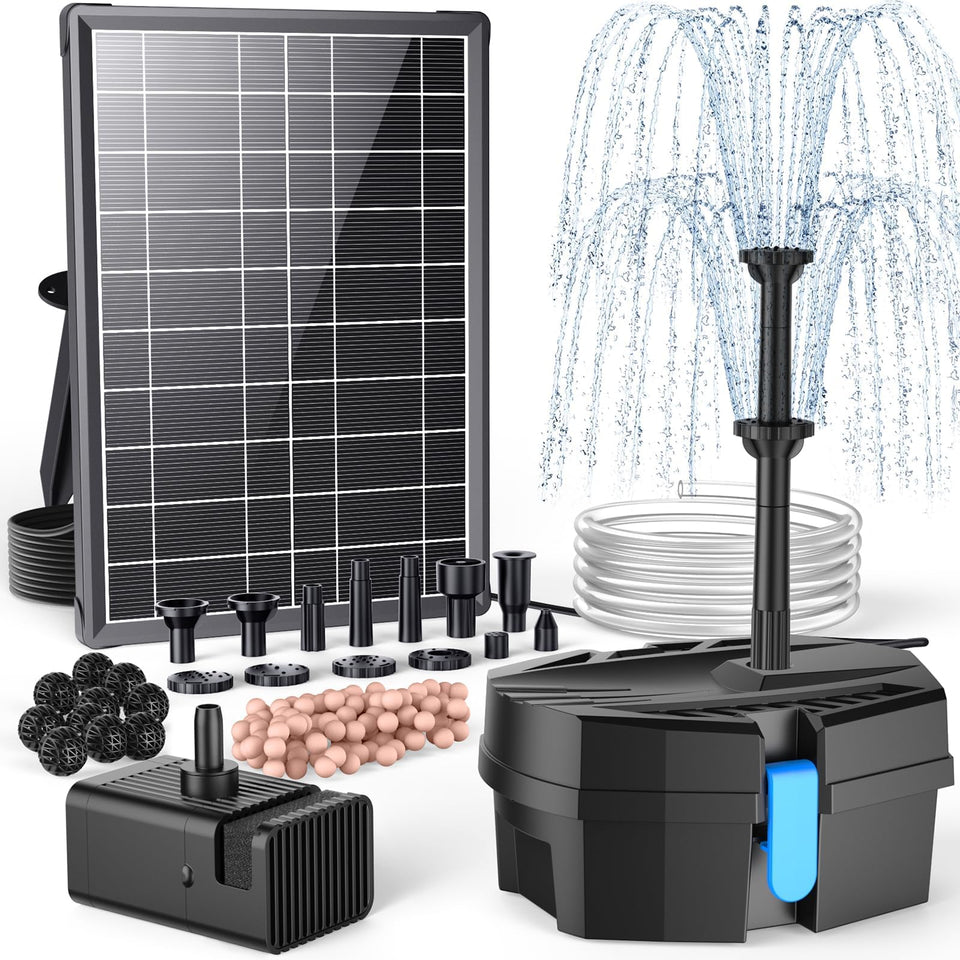 POPOSOAP solar pond filter front view showing compact all-in-one water feature kit.