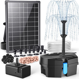POPOSOAP solar pond filter front view showing compact all-in-one water feature kit.