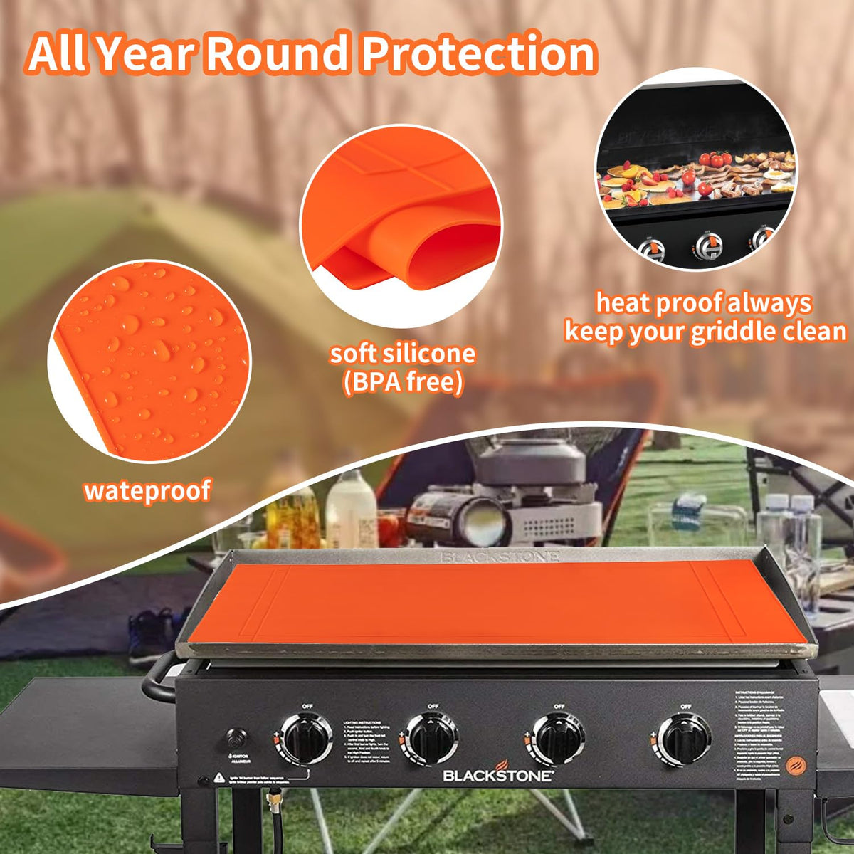 POPQEEN cuttable silicone griddle mat 30-inch fits smaller Blackstone models and guards against debris.