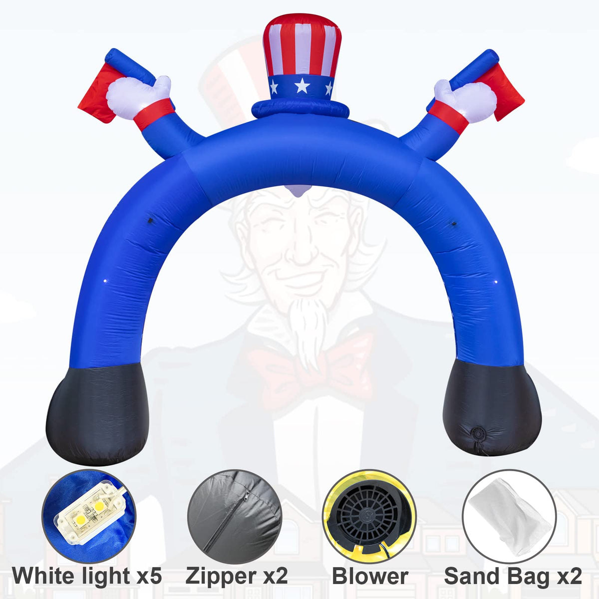 Poptrend Uncle Sam archway with built-in LEDs enhances night viewing and party ambiance.