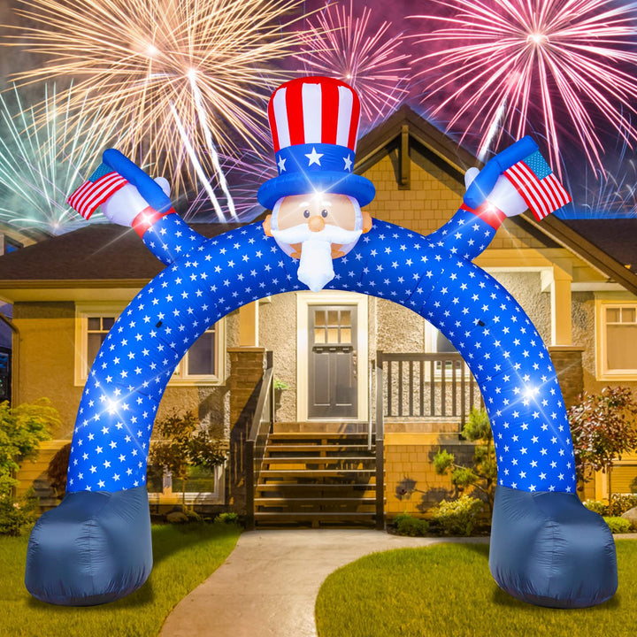 Poptrend Uncle Sam archway inflatable with LED lights for outdoor 4th of July celebrations.