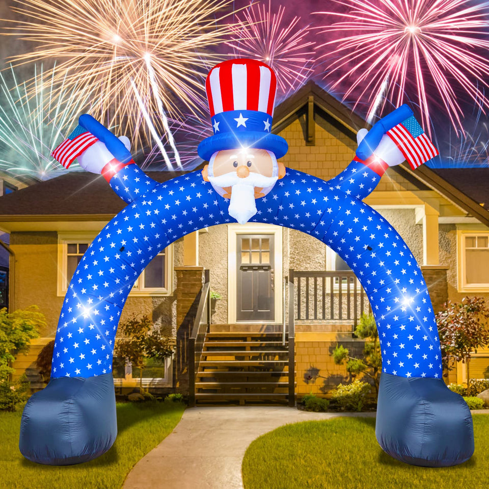Poptrend Uncle Sam archway inflatable with LED lights for outdoor 4th of July celebrations.