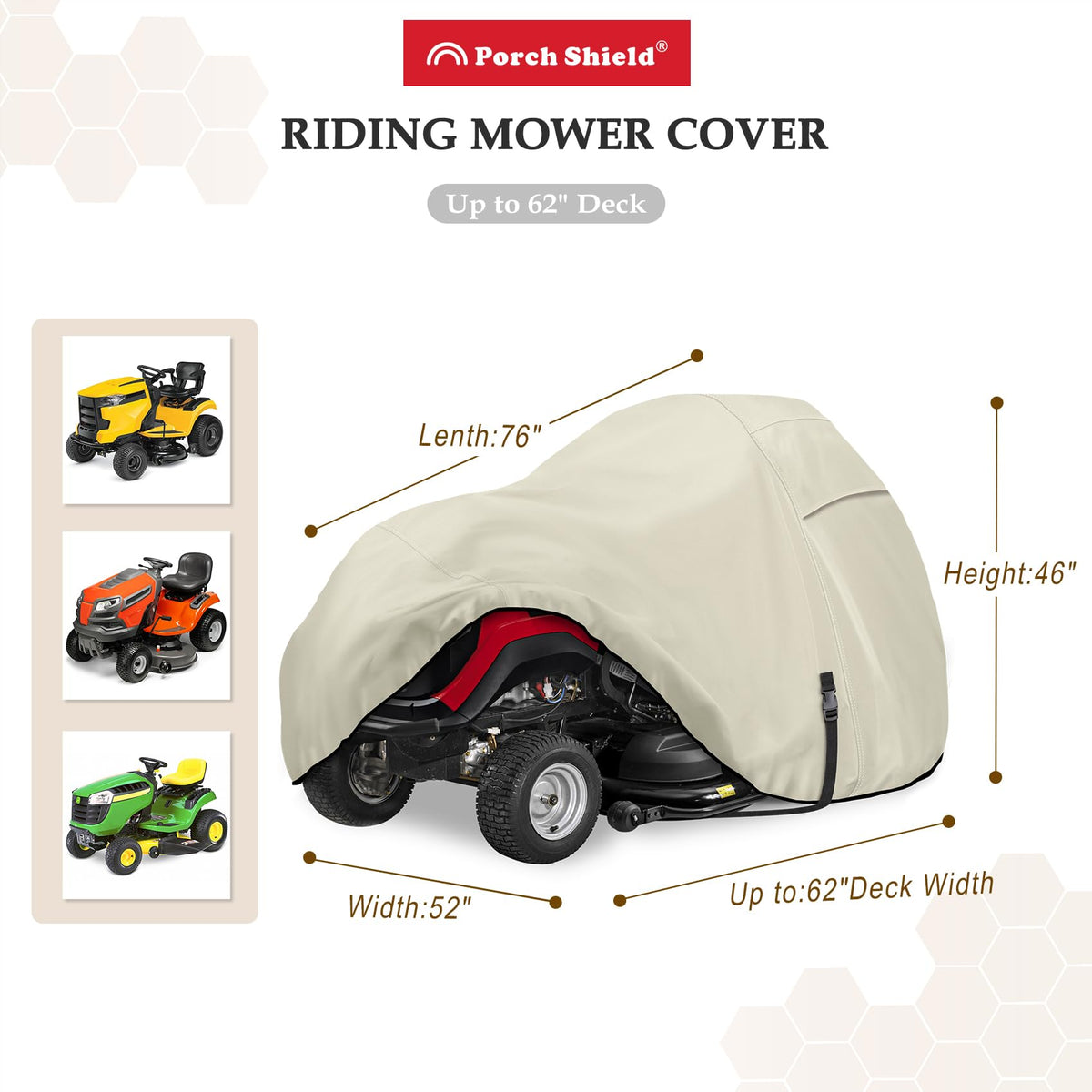 Porch Shield 600D Oxford fabric tractor cover resists wear for outdoor storage.