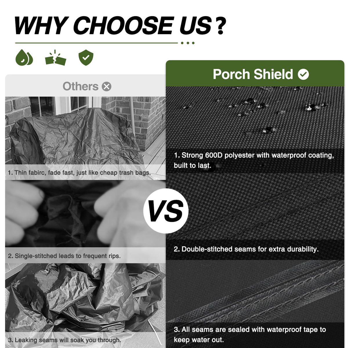 Porch Shield 600D polyester construction closeup showing durable fabric