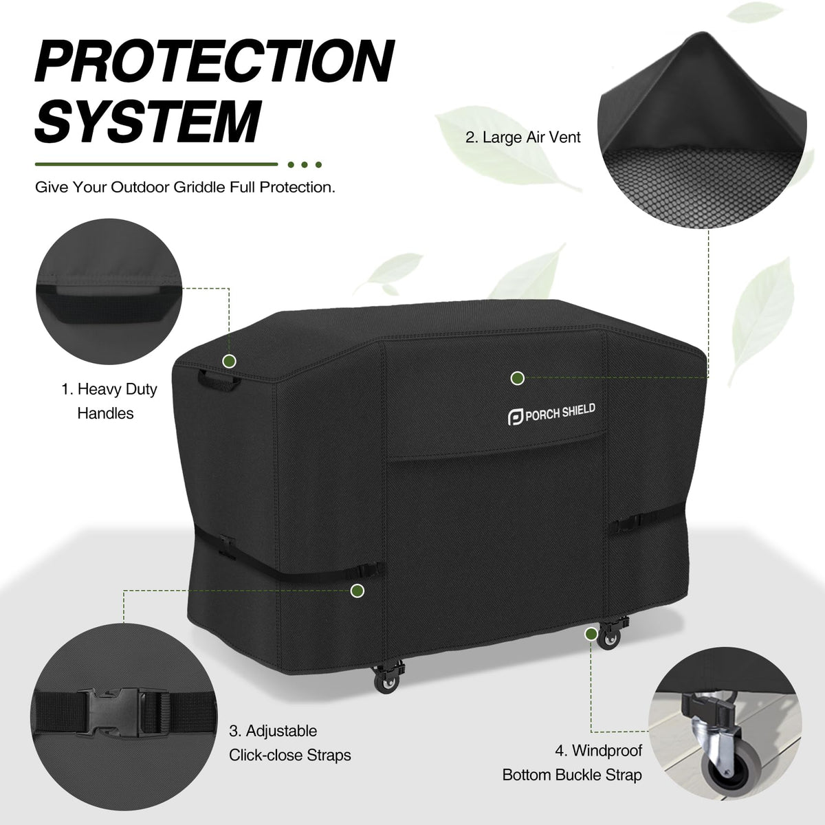 Porch Shield 600D polyester cover with reinforced seams for durability.