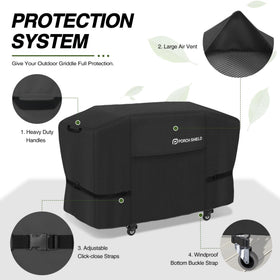 Porch Shield 600D polyester cover with reinforced seams for durability.