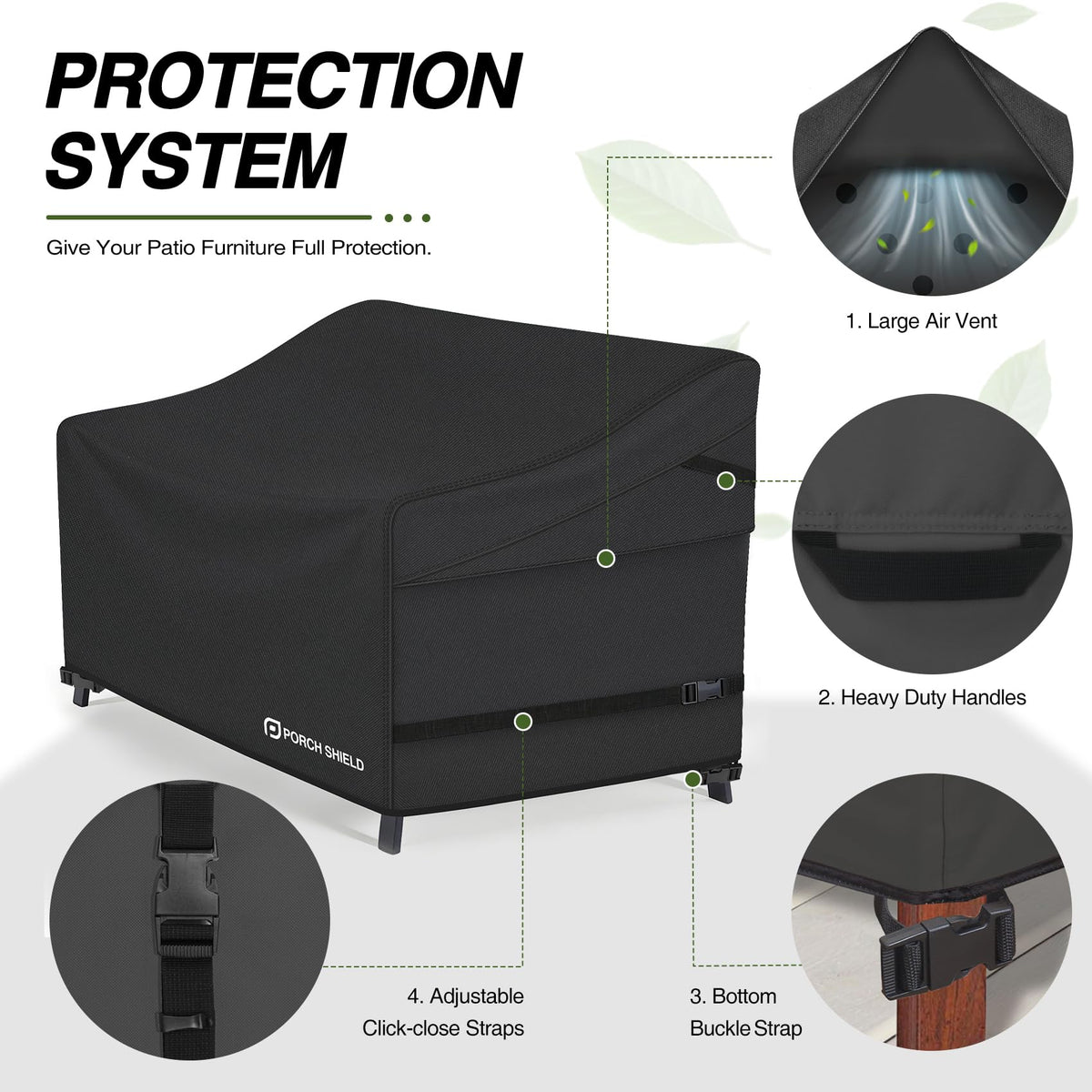 Adjustable click-close straps keep the cover snug on windy days.
