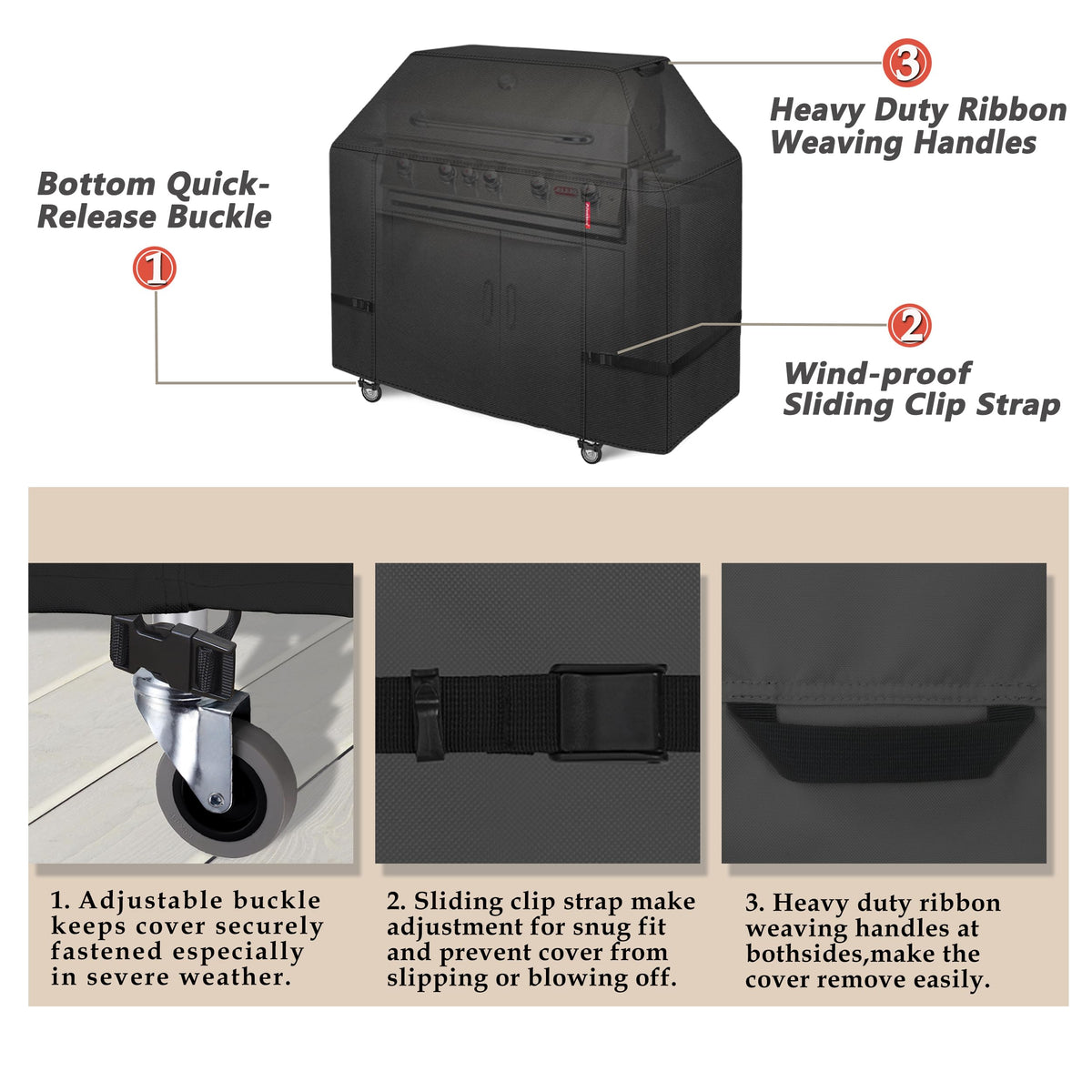 Adjustable click-close straps secure Porch Shield against windy conditions.