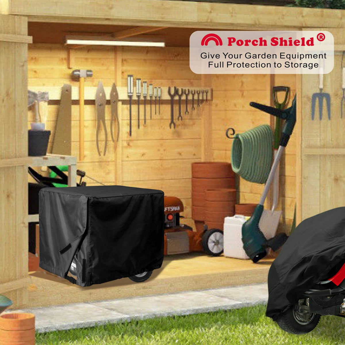 Porch Shield black cover demonstrating universal protection for generators