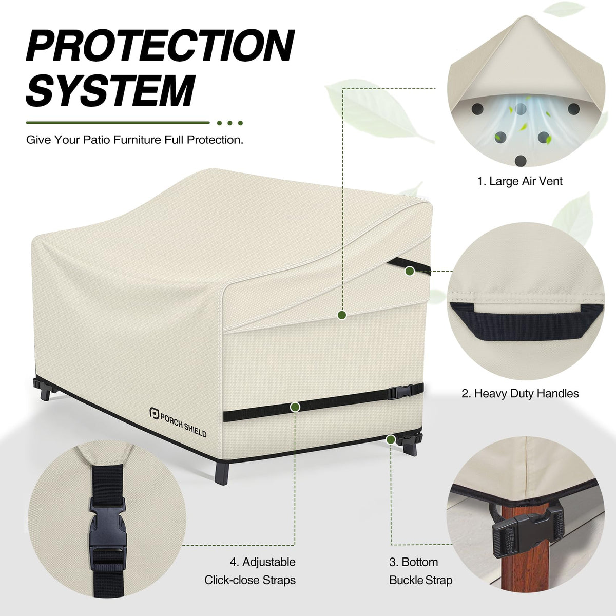 Porch Shield bottom buckle straps demonstrate wind resistance and snug anchoring.
