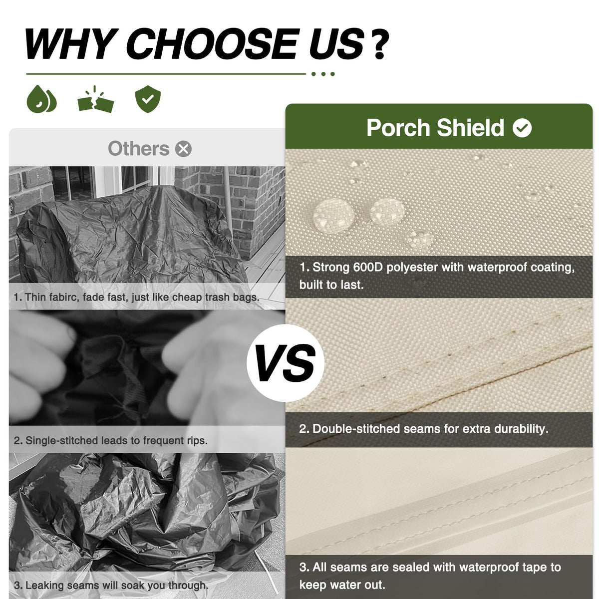 Porch Shield bottom-buckle-straps resist wind to keep cover secure