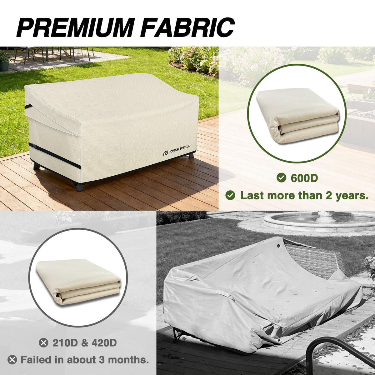 Porch Shield double-stitched seams enhance long-term outdoor durability.