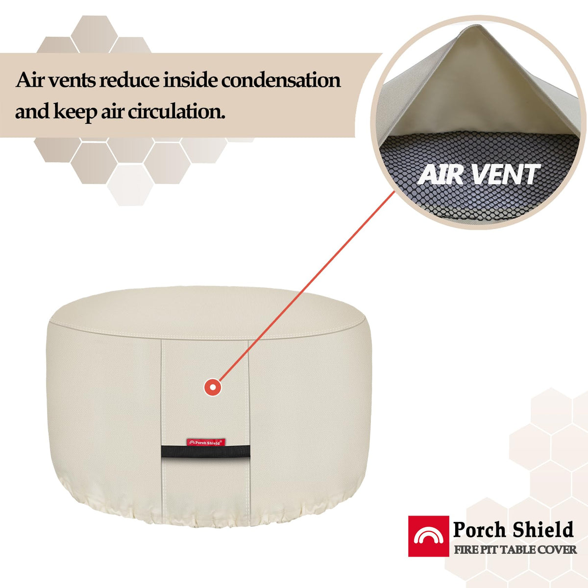 Porch Shield 32in fire pit cover features air vents to minimize condensation.