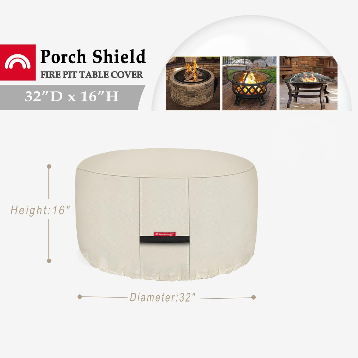 Porch Shield beige fire pit cover 32in preserves color outdoors.