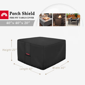 Porch Shield 40x40 inch square cover protects fire table from weather.