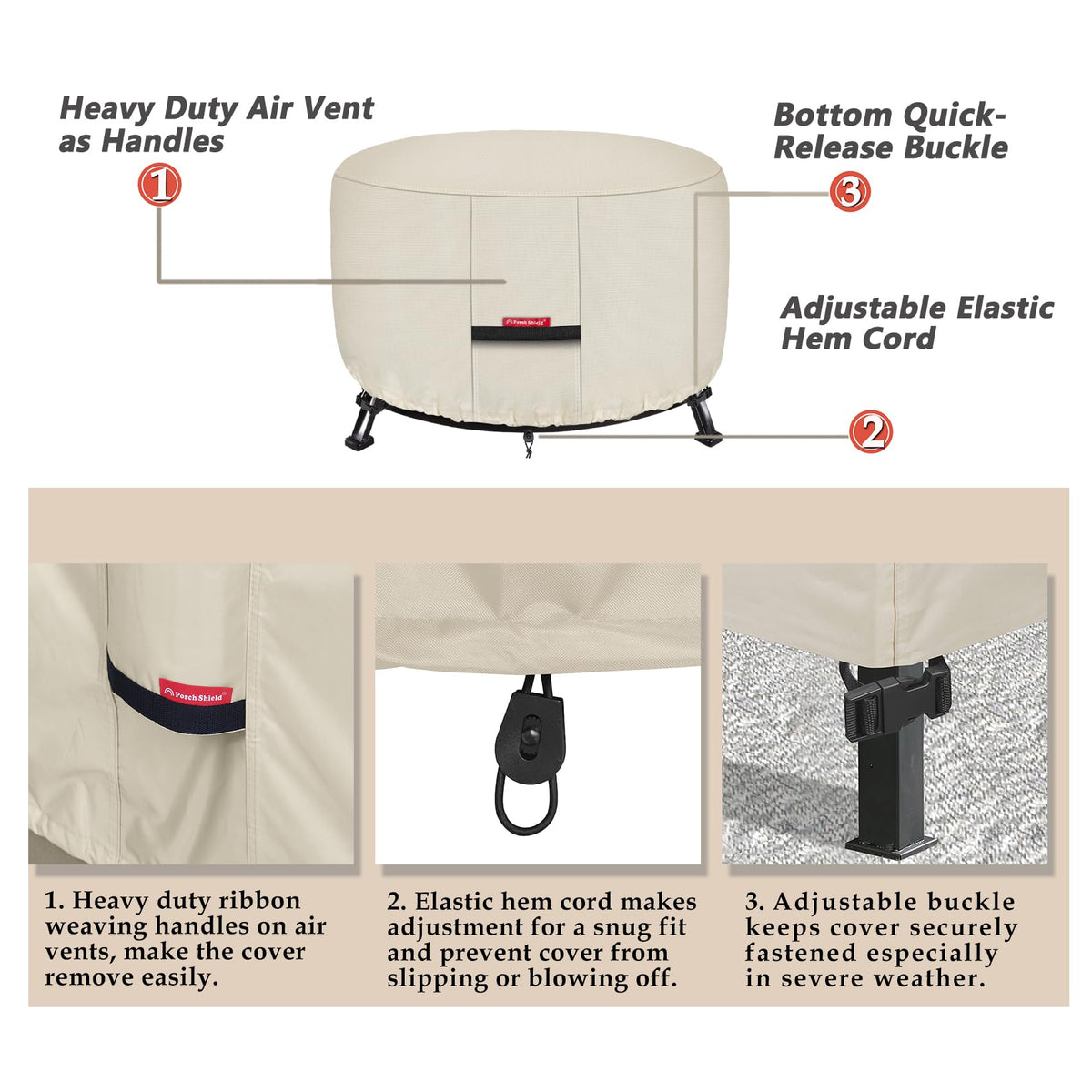 Porch Shield 32in fire pit cover with elastic hem and buckles secures tightly.