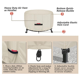Porch Shield 32in fire pit cover with elastic hem and buckles secures tightly.