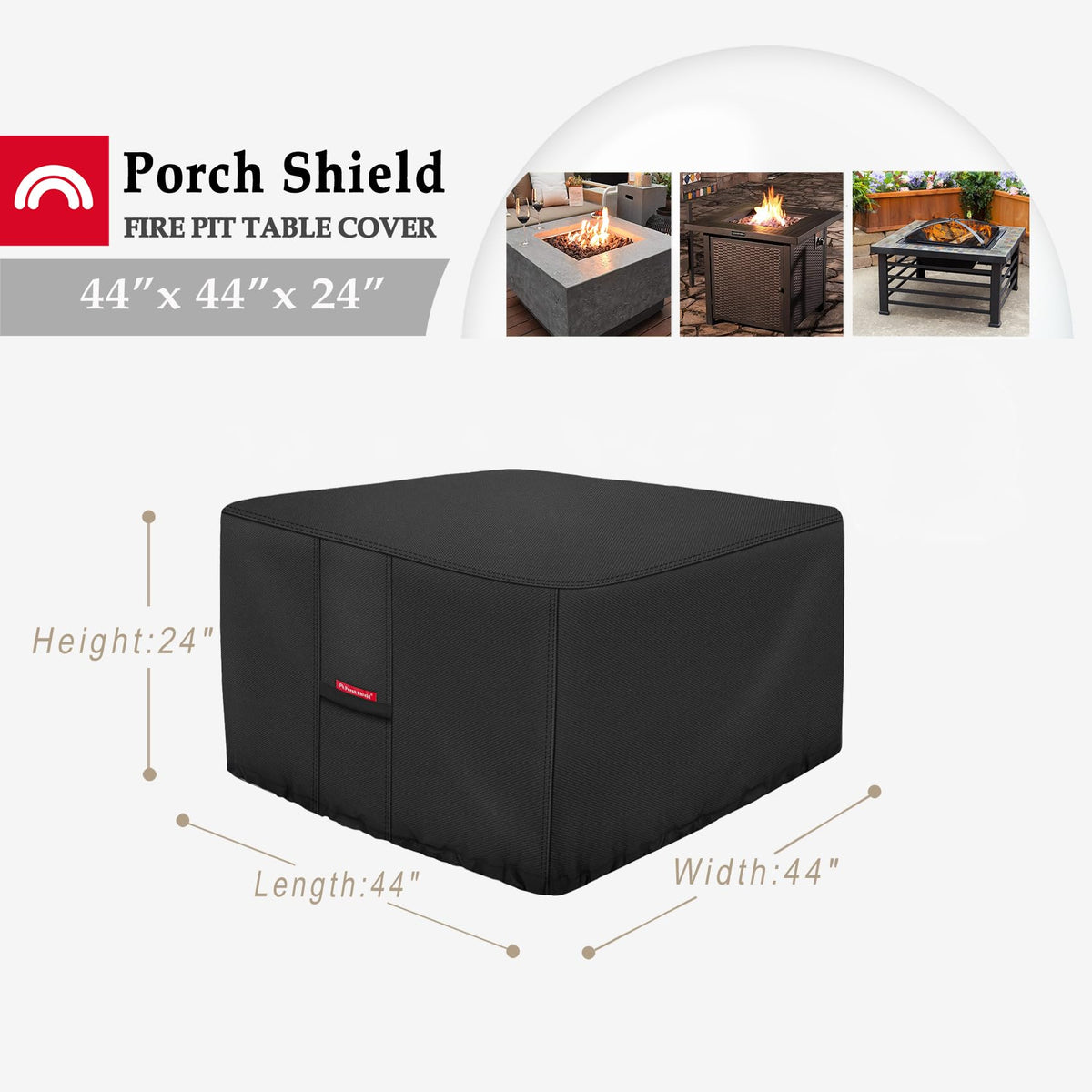 Porch Shield waterproof 600D cover shields your fire pit from wet weather.