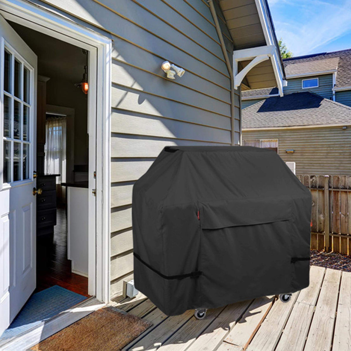 Heavy-duty handles allow easy on-off application of the Porch Shield grill cover.
