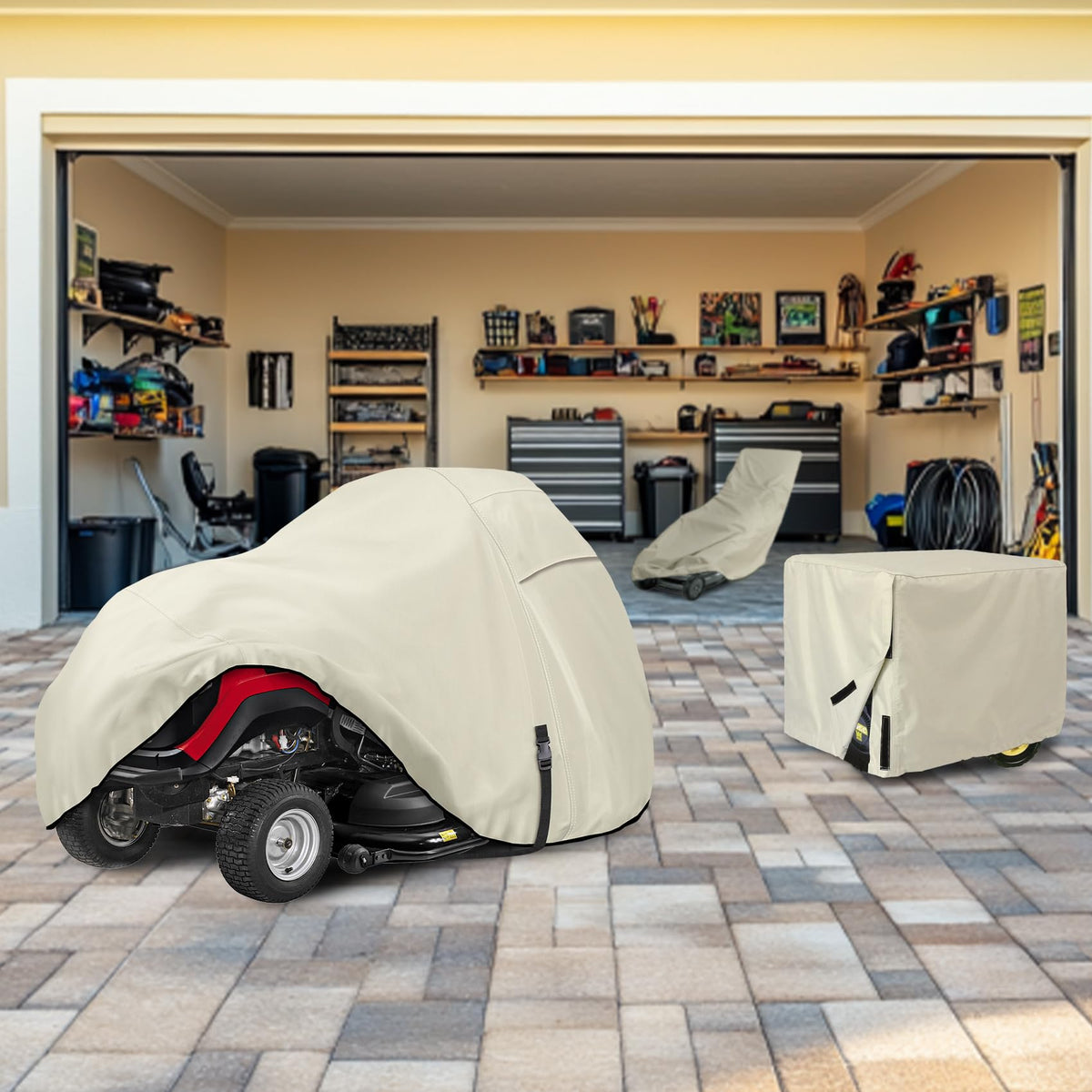 Porch Shield light tan color blends with outdoors while protecting your mower.