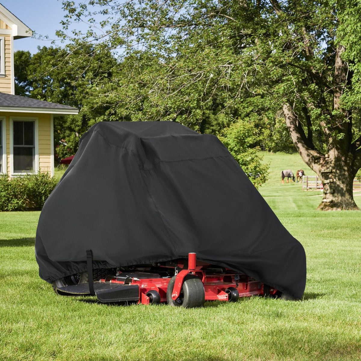 Porch Shield zero-turn mower cover shown for quick setup and removal
