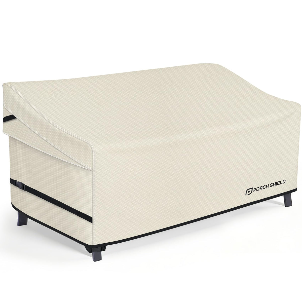 Porch Shield beige 3-seater sofa cover front view shields furniture from rain and sun.