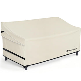 Porch Shield beige 3-seater sofa cover front view shields furniture from rain and sun.