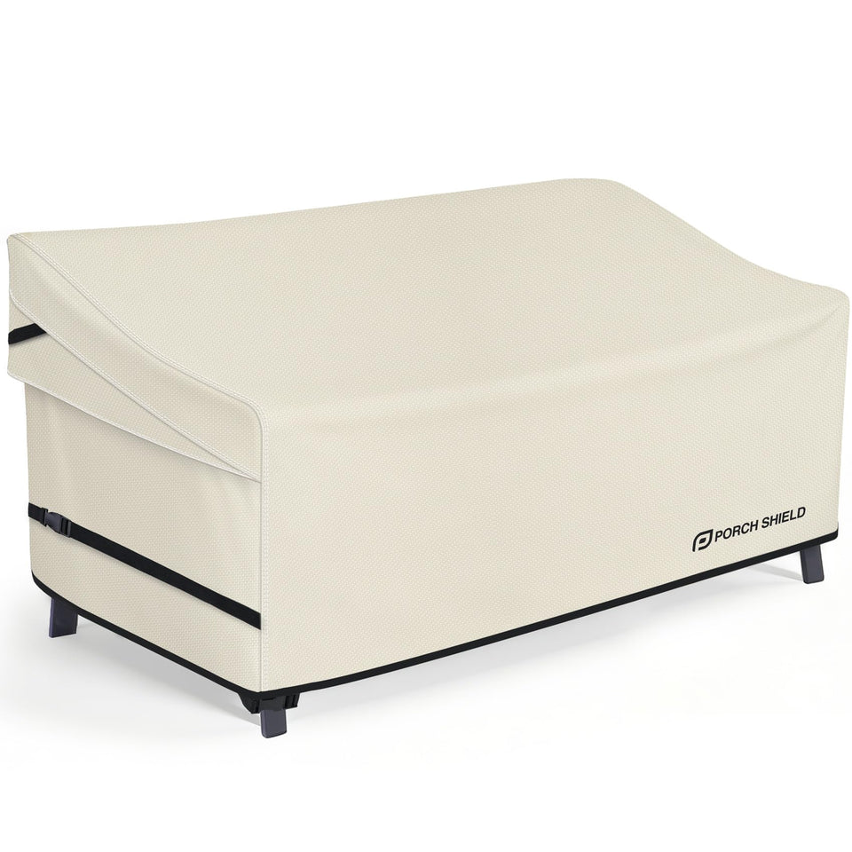Porch Shield beige 3-seater sofa cover front view shields furniture from rain and sun.