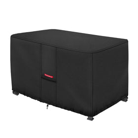 Porch Shield patio fire pit cover in black protects a 48x28 inch rectangular table from rain.